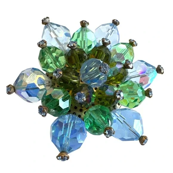 VTG 1950s AB‎ Crystal Brooch 2" Aurora Borealis Beaded Cluster Flower Pin MCM - Picture 4 of 10